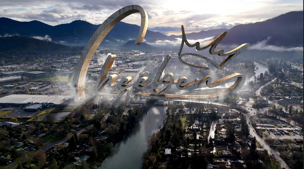AI visualization of the Cheeben logo carved as forest roads below Mount McLoughlin