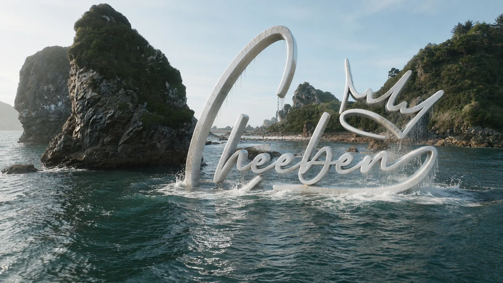 AI visualization of the Cheeben logo as a concrete monument over the Grants Pass valley