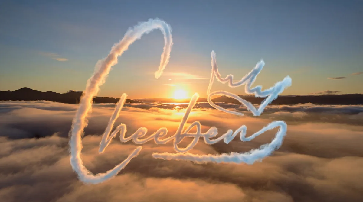 AI visualization of the Cheeben logo as skywriting clouds above a sunrise fog layer