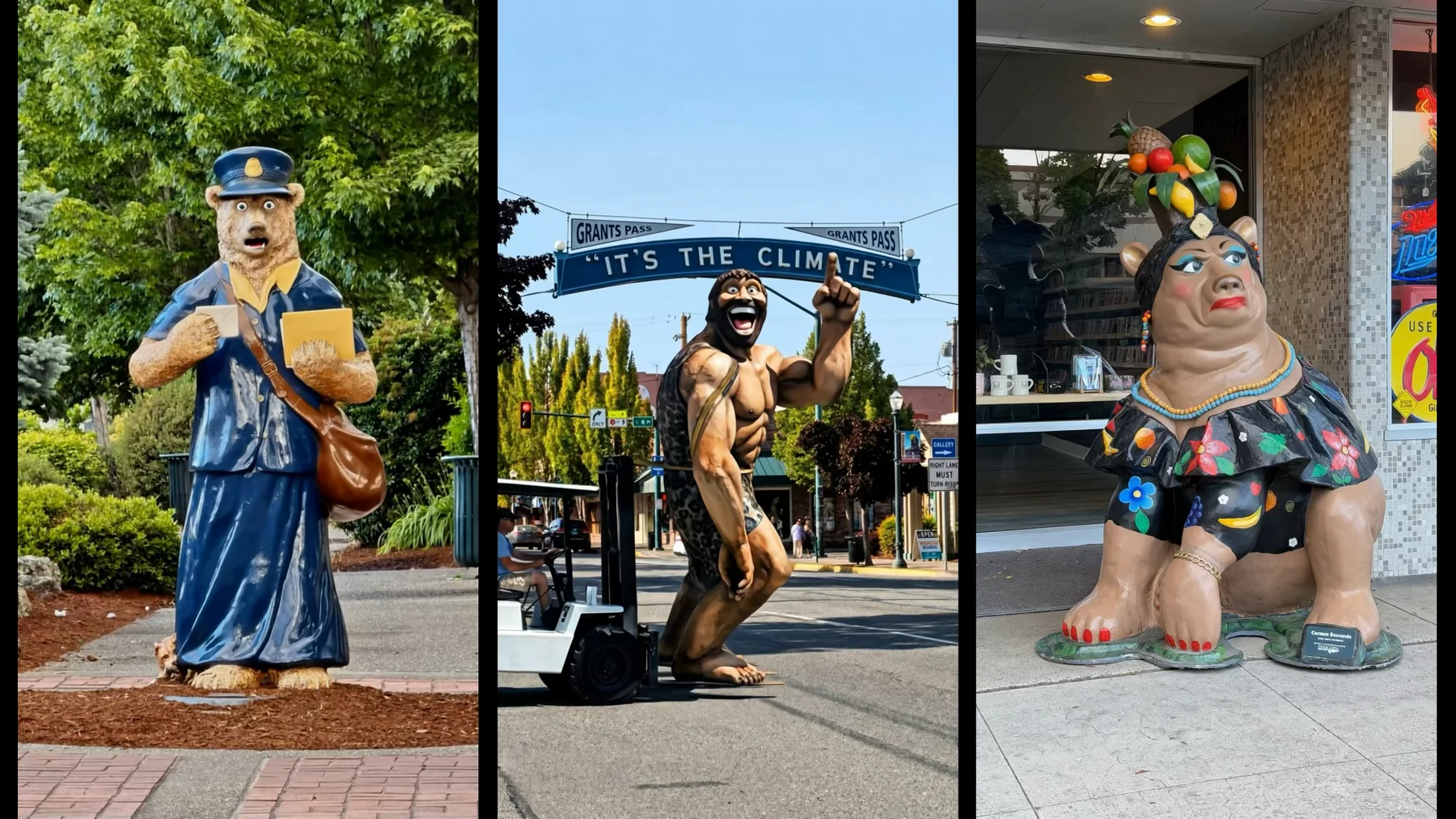 Three Grants Pass bear statues photographed around the city