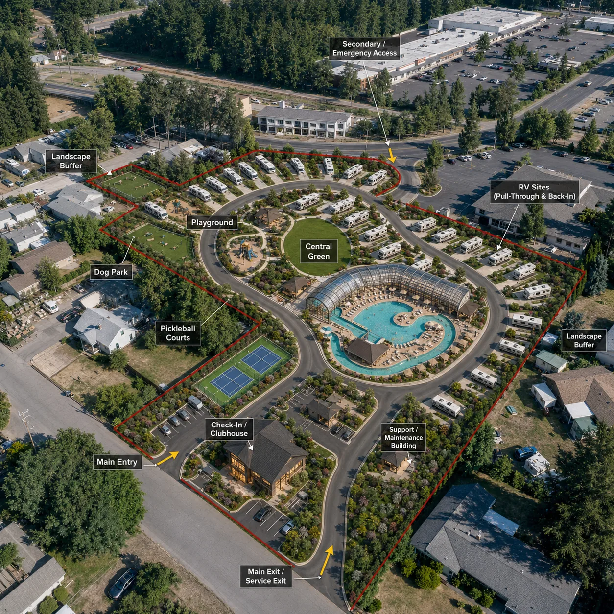 AI-enhanced aerial site plan visualization of an RV resort with lazy river pool and labeled amenities