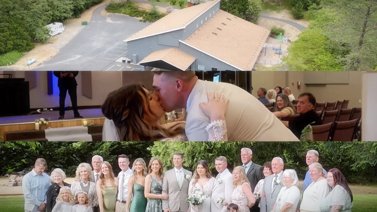 Wedding film stills: aerial venue, ceremony kiss, family portrait