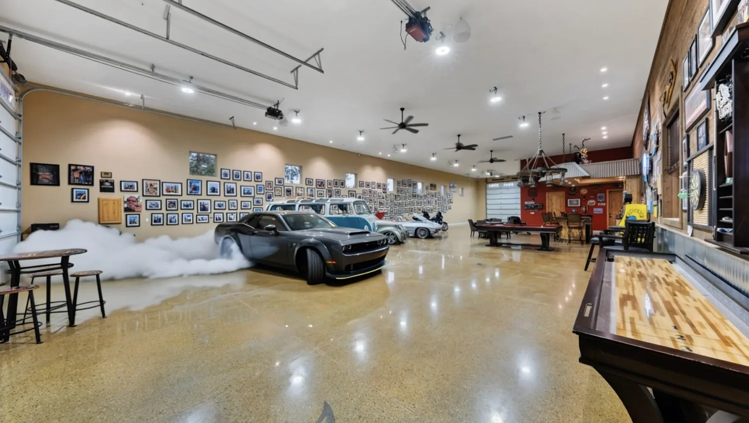 Interior of a local automotive business with a car and photo wall